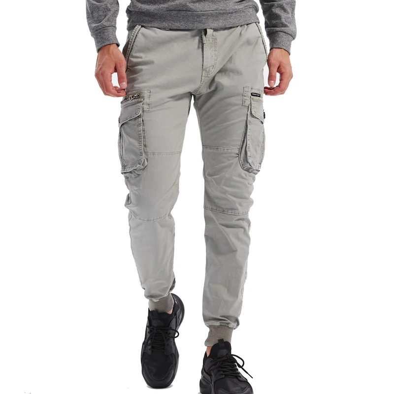 

29-40 Plus Size Cargo Pants Men with Multi Pocket Plain Color Elastic Waist Cuffed Casual Streetwear Trousers with Drawsting