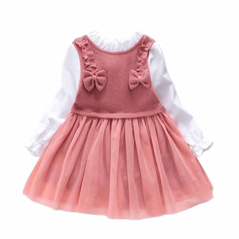 

Long Sleeve Dress For Kids Girls Bow Stitching Spring Autumn Baby 3-6y Children Gauze Skirt Clothing Party Princess Dresses