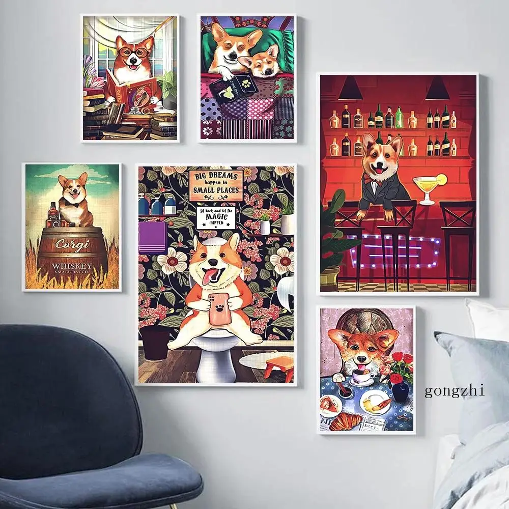

Винтажный постер с забавной Сиба-ину, Картина на холсте с изображением животных, собаки, настенные картины для кухни, украшение для столовой