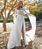 luojo wedding dress chiffon lace long flare sleeves cape beach split boho vintage bridal gowns floor length bohemian white ivory