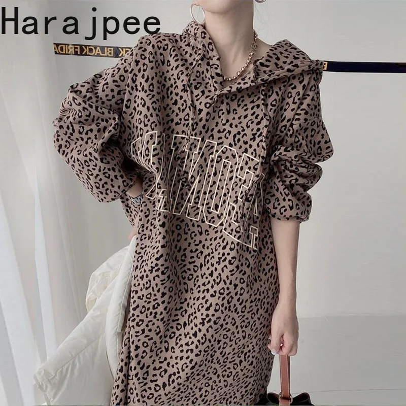 

Harajpee Women Dress Leopard Printed 2021 Korean Autumn New Retro Hooded Drawstring Letters Loose Casual Long Puff Sleeve Dress