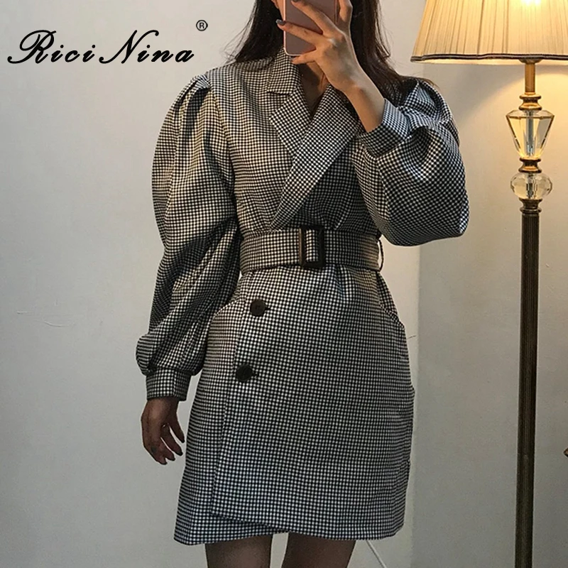 RICININA женский костюм куртки 2019 с отворотом на пуговицах поясом клетчатое