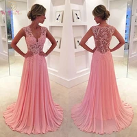 vintage sweety blush pink a line chiffon evening prom dresses lace appliques plunging v neck sexy sheer cap sleeves girls party