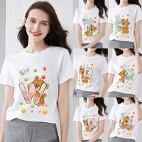 t shirt womens fresh style female clothing simple 26 english letters cute bear printed series o neck ladies all match top
