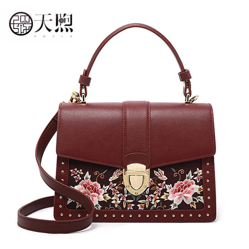 Pmsix новинка 2020 женская сумка из натуральной кожи ручная вышивка роскошные сумки