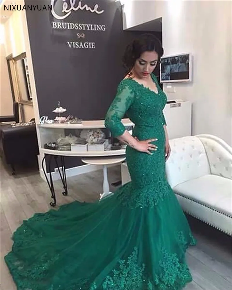 

Green Appliques Lace Mermaid Evening Dresses Sexy V-Neck Backless Formal Prom Party Gowns Elegant Long Sleeve Evening Dress 2021