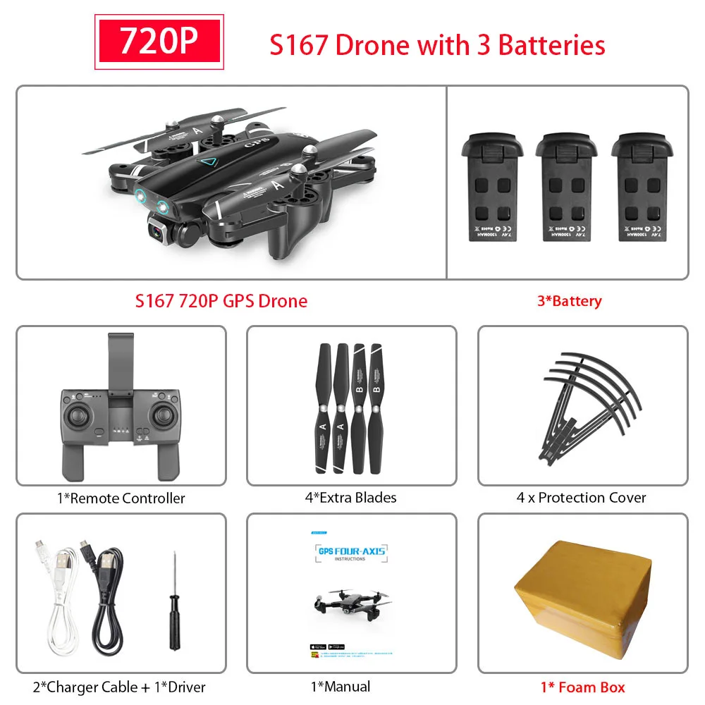 S167 gps Дрон 4K 5G wifi 1080P FPV камера дроны gps следуем за мной высота держать широкоугольный Квадрокоптер с камерой складной Радиоуправляемый Дрон - Цвет: 720P 3B FB