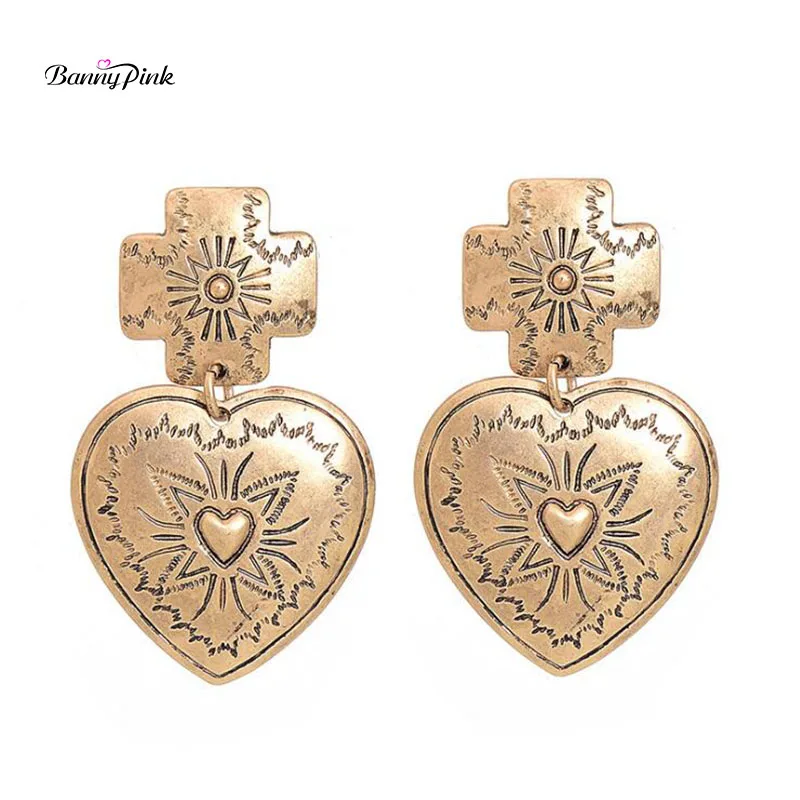 

Banny Pink Vintage Love Cross Heart Studs Earrings For Women Ethnic Carved Sign Statement Post Earrings Pendant Earrings Bricins