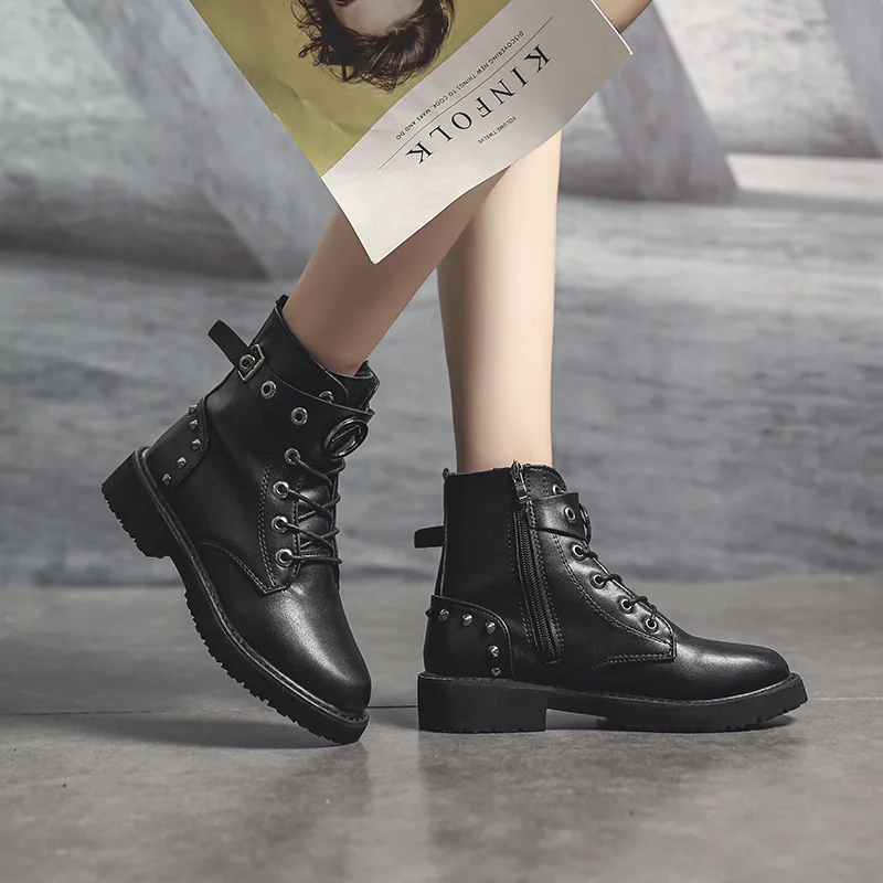 Черные Ботинки Martin Женские ботильоны в британском стиле Сезон весна осень Новый