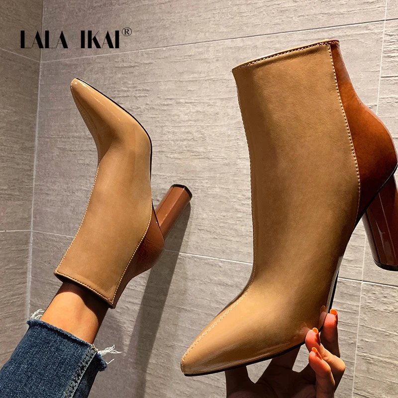 

LALA IKAI Women's Boots Autumn Winter 2020 High Heels Side Zipper Ankle Boots Pointed Toe Short Booties Fashion botas de mujer