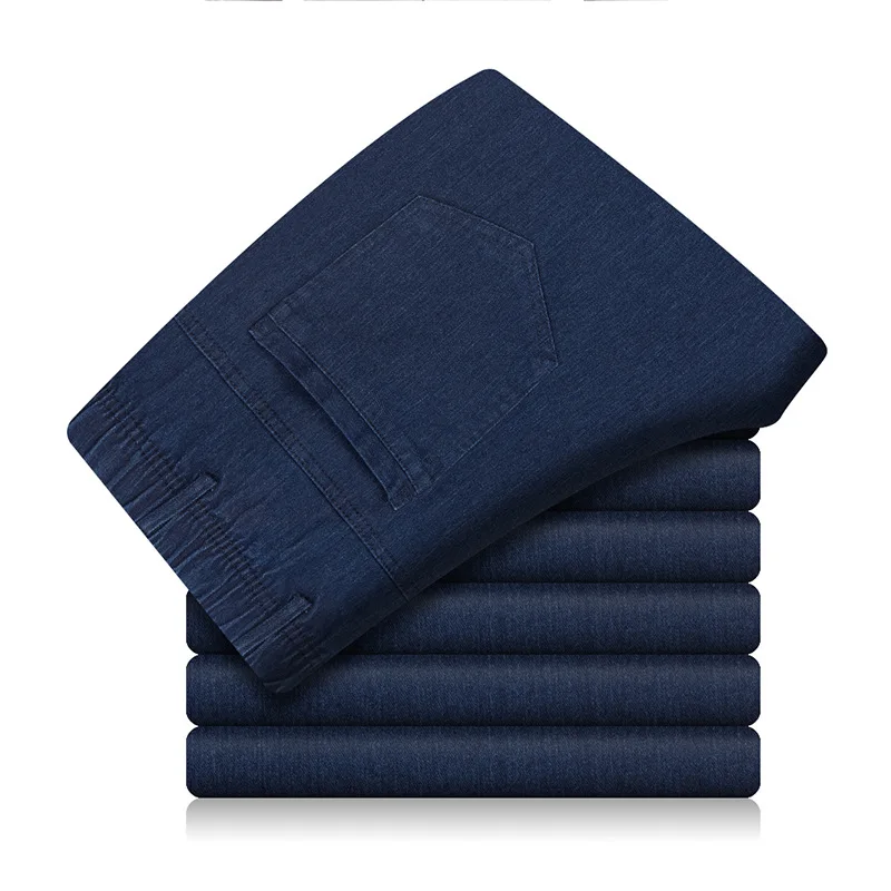 

RUELK New Spring Blue Casual Men's Jeans Elastic Waist Straight Loose Mens Cotton Soft Trousers Men's Business Pants Size XL-5XL