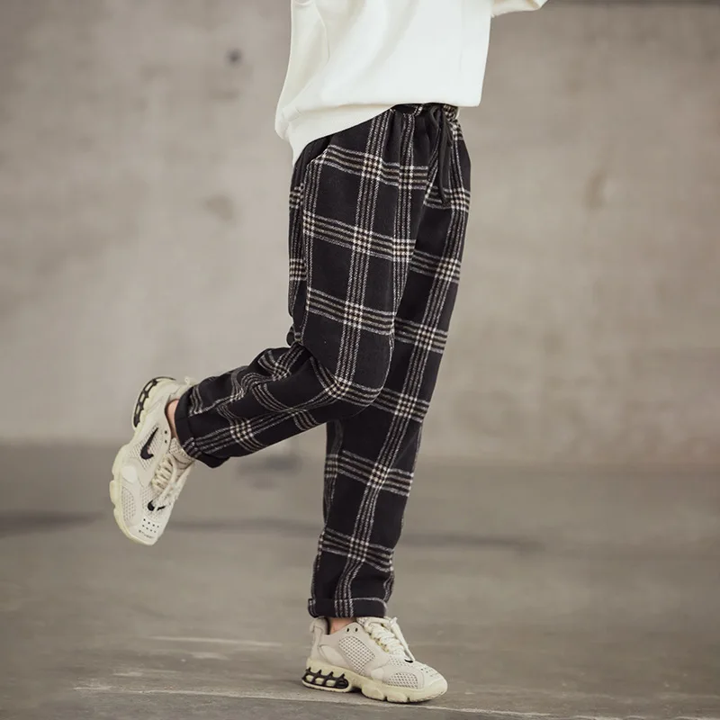 Штаны для девочек зимние плотные флисовые повседневные Клетчатые Шерстяные