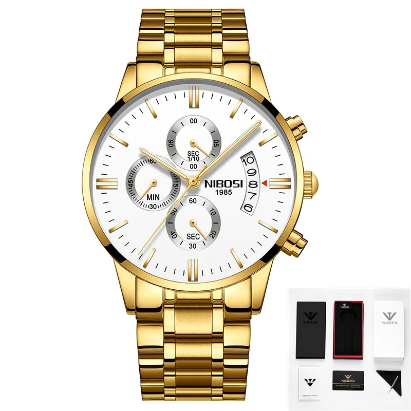 2 with box NIBOSI часы Relogio Masculino люксовый бренд Мужские Хронограф деловые Часы мужские стальные кожаные водонепроницаемые кварцевые наручные часы - Цвет: 2 with box