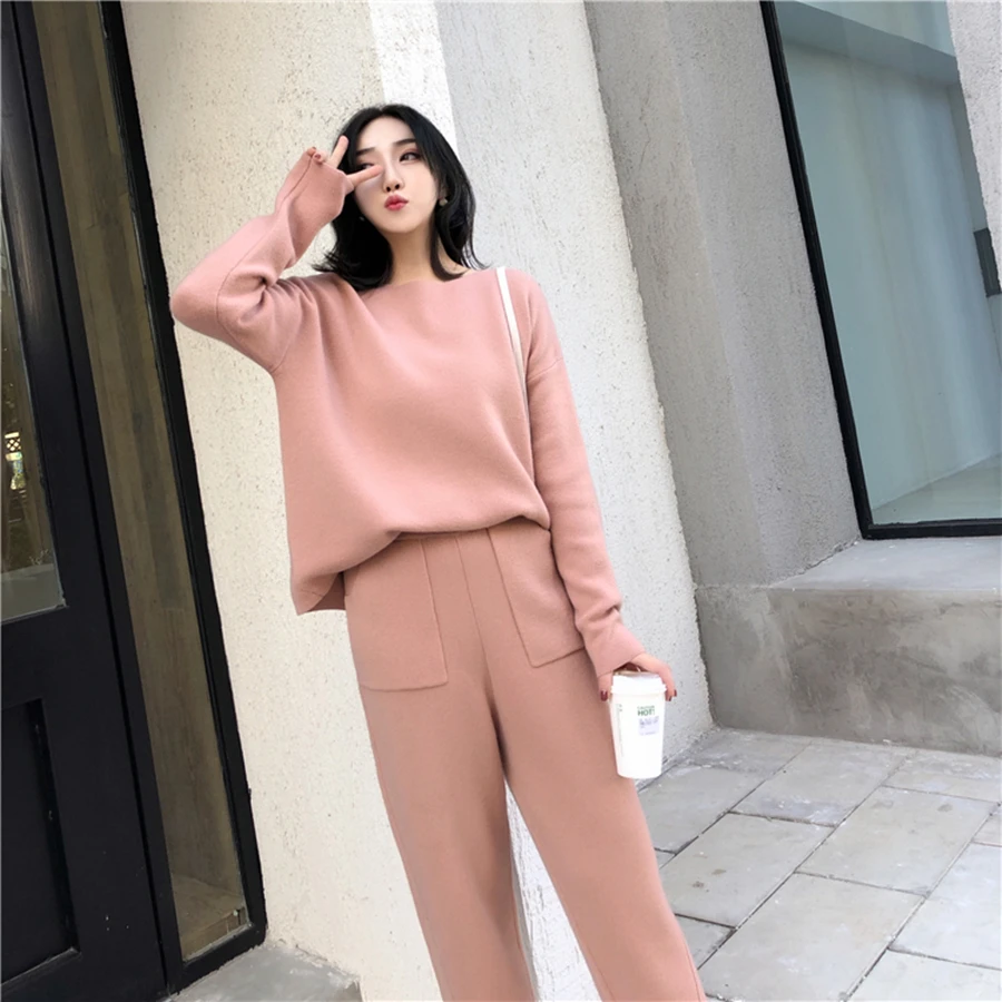 Autumn Winter Knitted Set Women Thick Warm O-Neck Loose Knit Suit Slim Pocket Harem Pants Oversized Casual Elegant Black Clothes