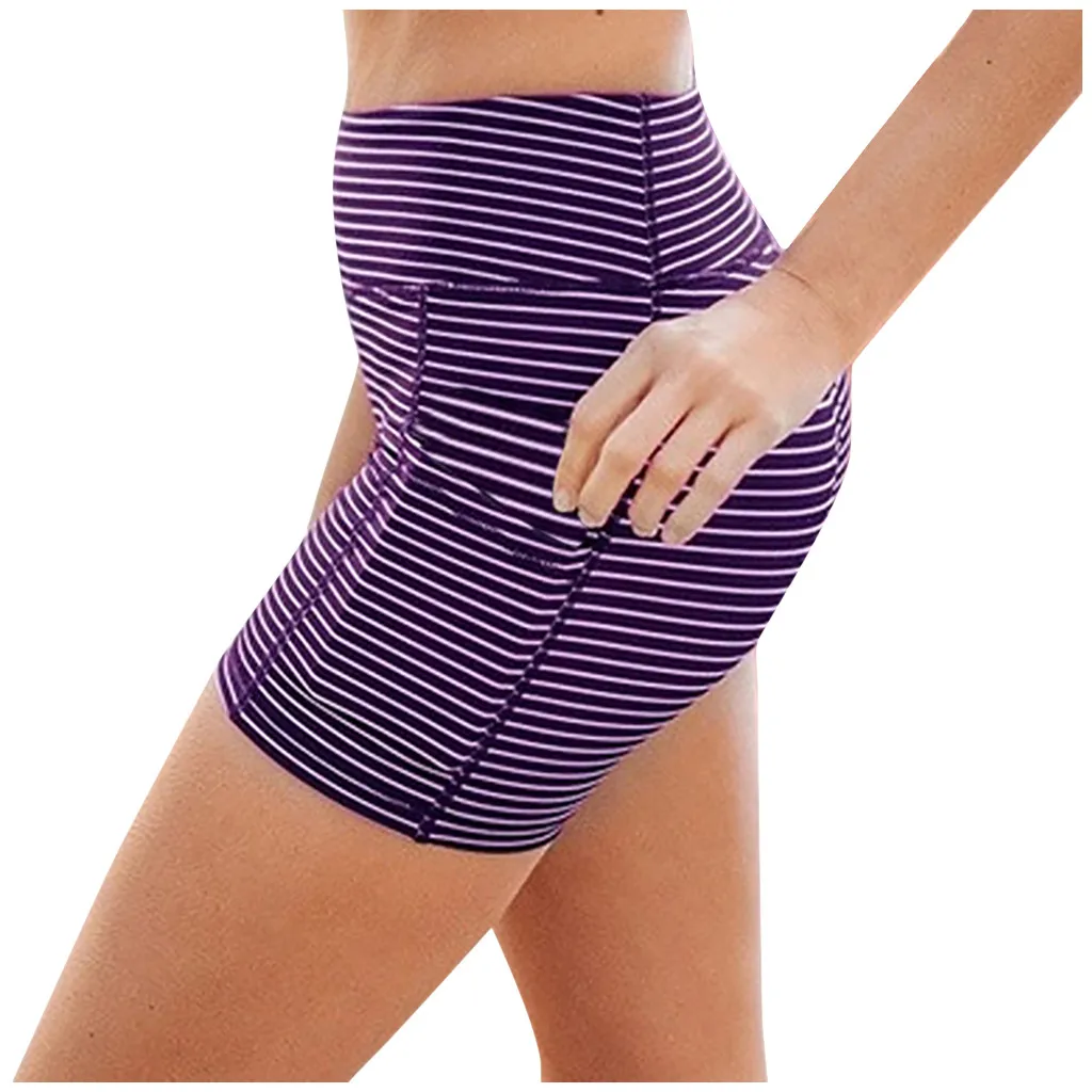 

Women Seamless Yoga Pants Summer fashion All-match Stripe Print Pocket High Waist And Hip Lifting Running fitness Yoga Short