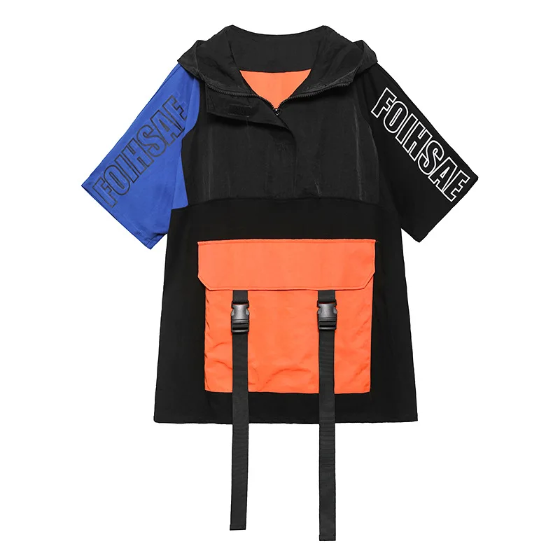 

QING MO Stitching Color Women Sweatshirt 2021 Spring Autumn Short Sleeve Hooded Sweatshirt Plus Size Patchwork Coat QYF257A