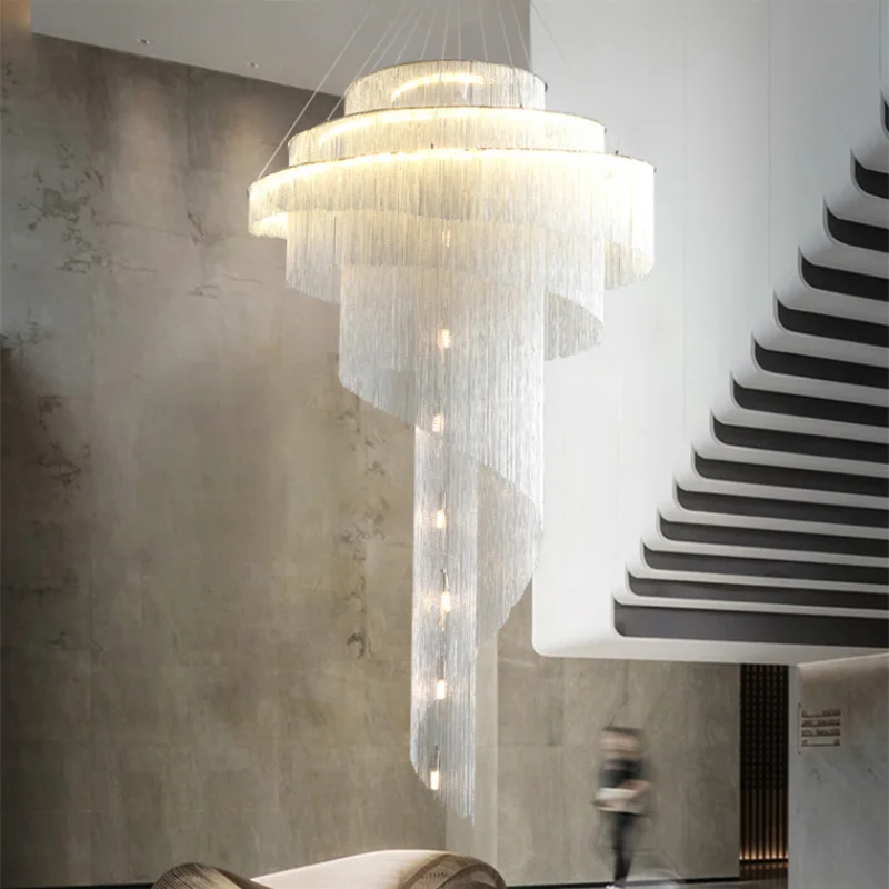 

Nordic LED metal duplex staircase lamp long chandelier postmodern hollow tassel lamp villa living room large chandelier