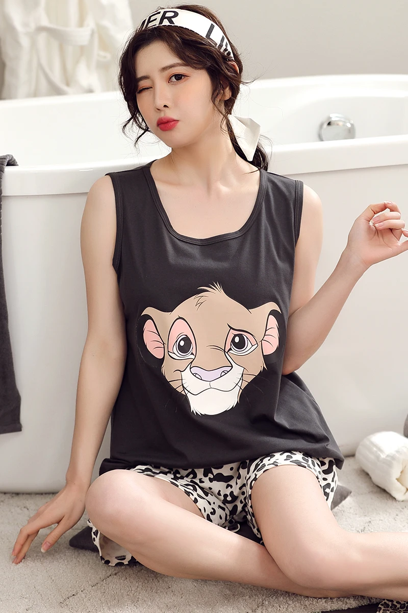 Summer Cotton Pajamas Women's Sleeveless Top and Shorts Lion King Simba Leopard Kawaii Cartoon Loose Home Suit Pajama Sets Women