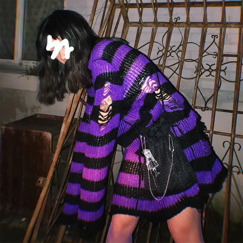 

HOUZHOU Gothic Striped Knitted Sweater Women Spring Autumn Hollow Out Punk Loose Long Sleeve Tops Grunge Harajuku Sweaters