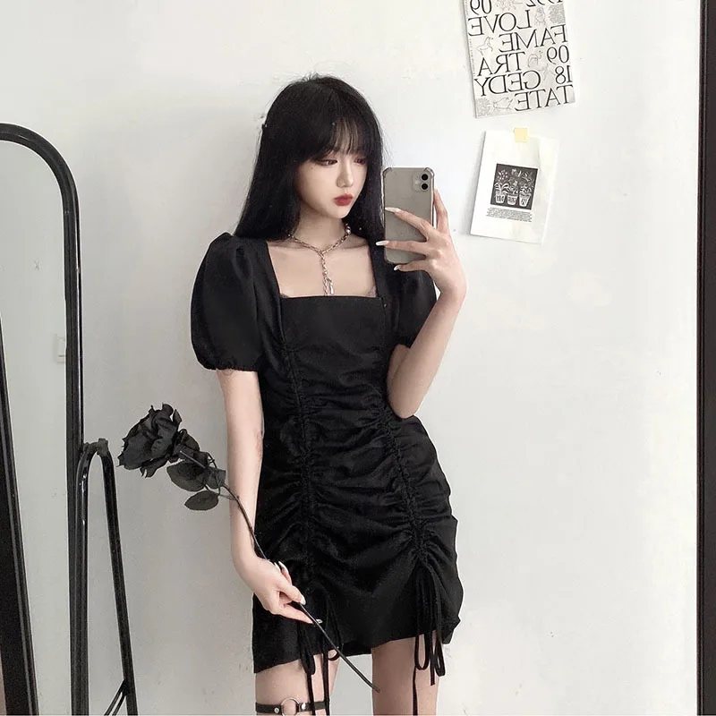 

Женские пикантные Платья с коротким рукавом 2021, модное винтажное Черное мини-платье, уличная одежда с кулиской, повседневное короткое готич...