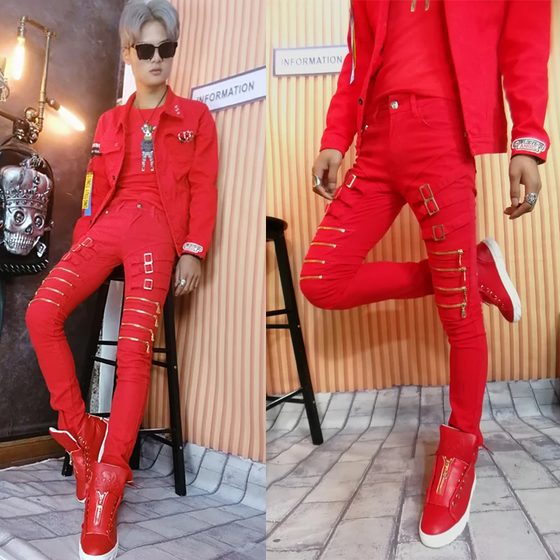 Мужские повседневные брюки тонкие на молнии красные мужские уличные в стиле