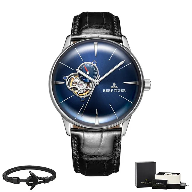 Reef Tiger бренд Tourbillon черный циферблат водонепроницаемые автоматические часы Топ Механические Роскошный кожаный ремешок мужские часы reloj hombre - Цвет: RGA8239-YLB Box Gift