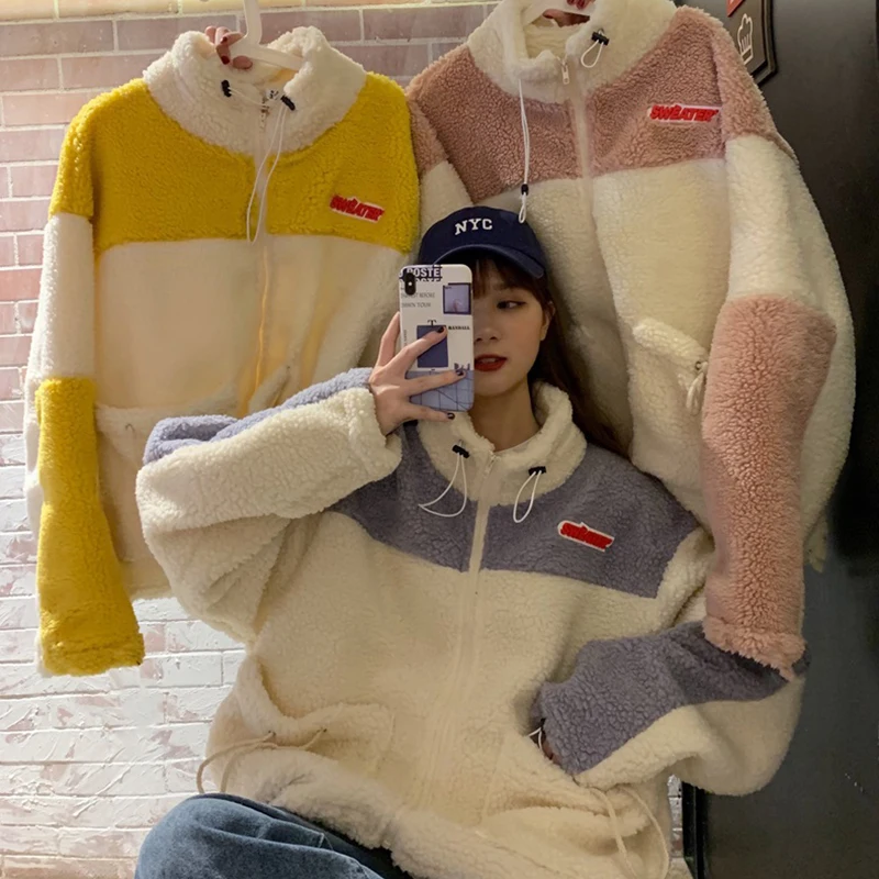 

new zip-up patchwork cute Autumn Winter girls Loose coat Women Hoodies thick fleece Hoodies