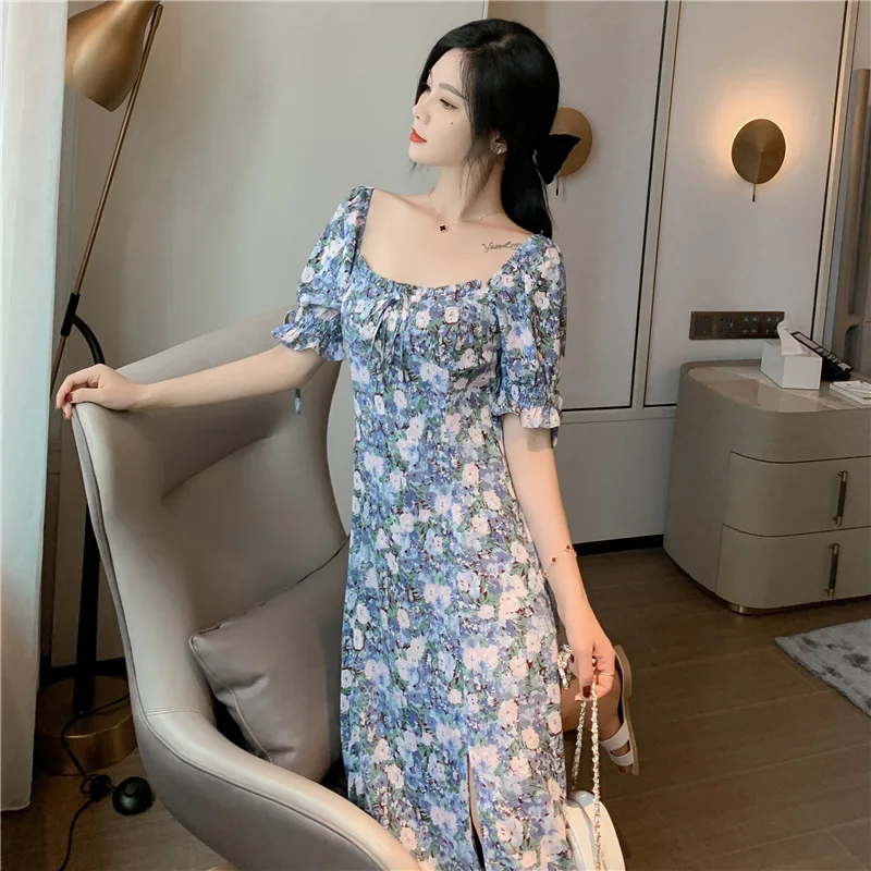 

2020 Women Sexy Floral Print Dress Summer Split Maxi Beach Sundress Square Neck Dress Vintage Boho Long Dresses Vestidos Femme