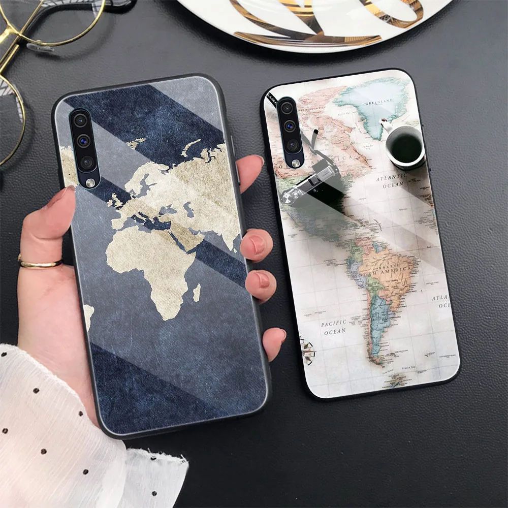 

Travel map Case For Samsung A50 A70 A20 A40 A51 A71 A20E S10 S20 S9 S8 S7 Edge Ultra Puls Note 10 9 8 Plus Tempered Glass Cover