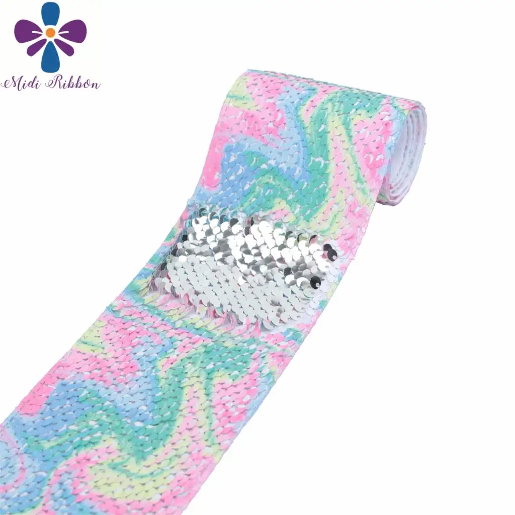 

3"75mm Purple Galaxy Rainbow Gradient Color Double Reversible Silver Sequin Ribbon Geometric DIY Hair Bowknots 46yards/roll