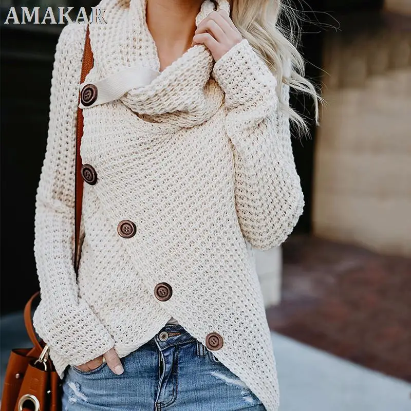 

Women Turtleneck Knitted Sweaters Autumn Winter Solid Irregular Hem Long Sleeve Pullover Jumper Fashion Button Loose Sweater