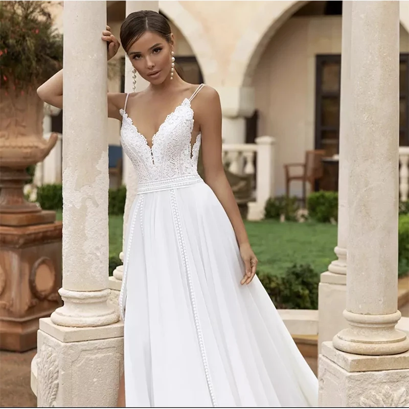 ChuYu 2021 Lace Chiffon Spaghetti Straps V Neck Sexy Side Slit Vestido De Novia Long A-line Wedding Dress Formal Occasion