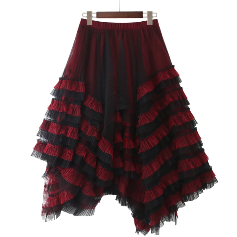 

MIDI Long Skirt Women's Gothic Lolita 2021 Autumn Winter High Waist Asymmetric Ruffle Ruffle Mesh Skirt Pleated Skirt