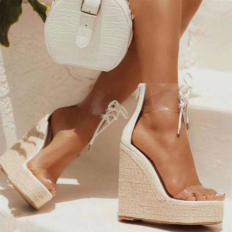 Модные босоножки на танкетке Обувь платформе Женские прозрачные молнии с