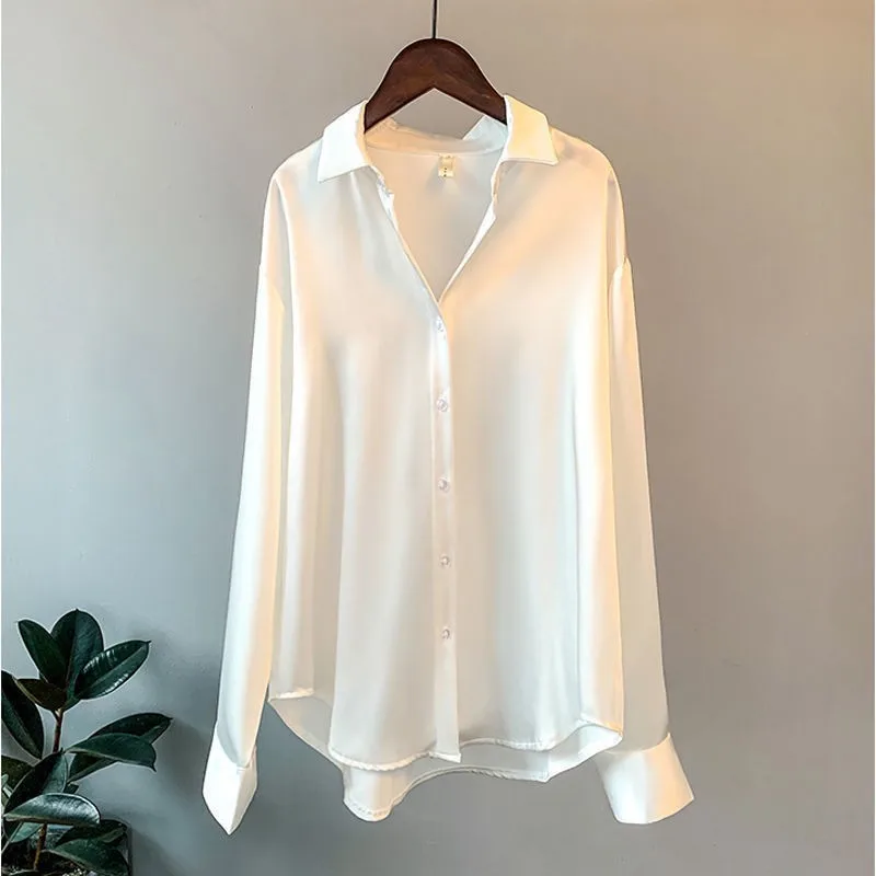 

High Quality Elegant Imitation Silk Blouse Spring Women Fashion Long Sleeves Satin Blouse Vintage Femme Stand Street Shirts