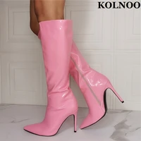 kolnoo 2022 new womens high heel boots pink patent leather sexy british style party mid calf boots evening fashion half shoes