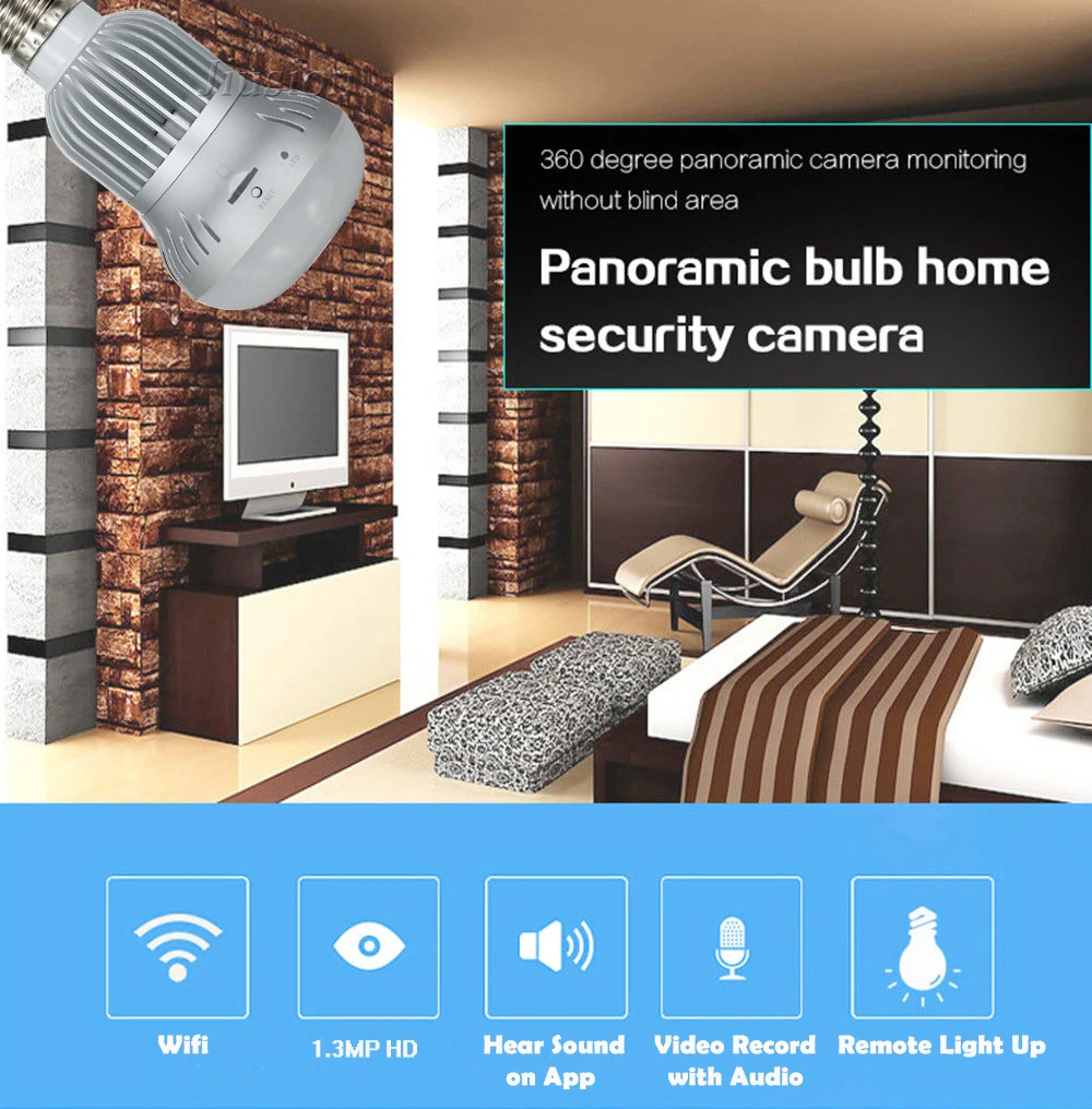 Мини камера с Wi Fi панорамной лампочкой рыбий глаз 360 градусов 960P ночное видение
