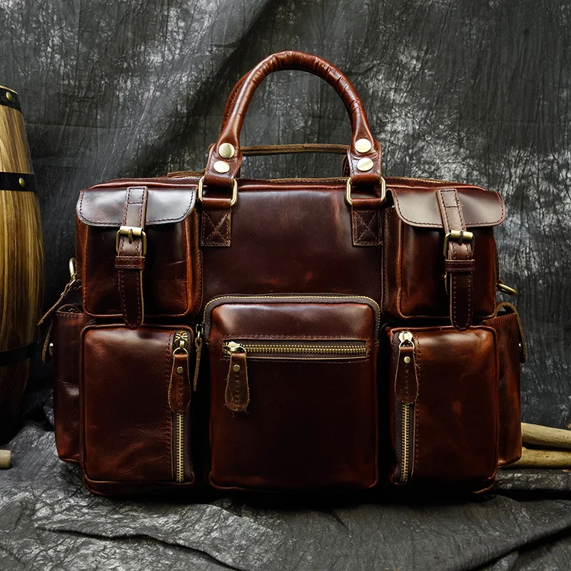 Luufan Men's Handbags Genuine Leather Laptop Briefcase Shoulder Bag Multifunction Business Bags Brown 15.6