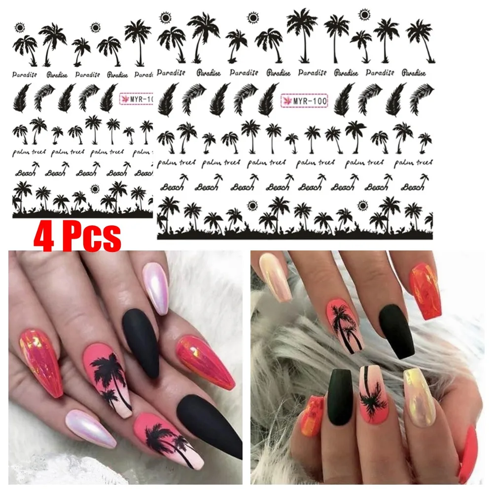 

4Pcs Nail Stickers Palm Tree Water Transfer Paper DIY Nail Decor Tropical Style Manicure