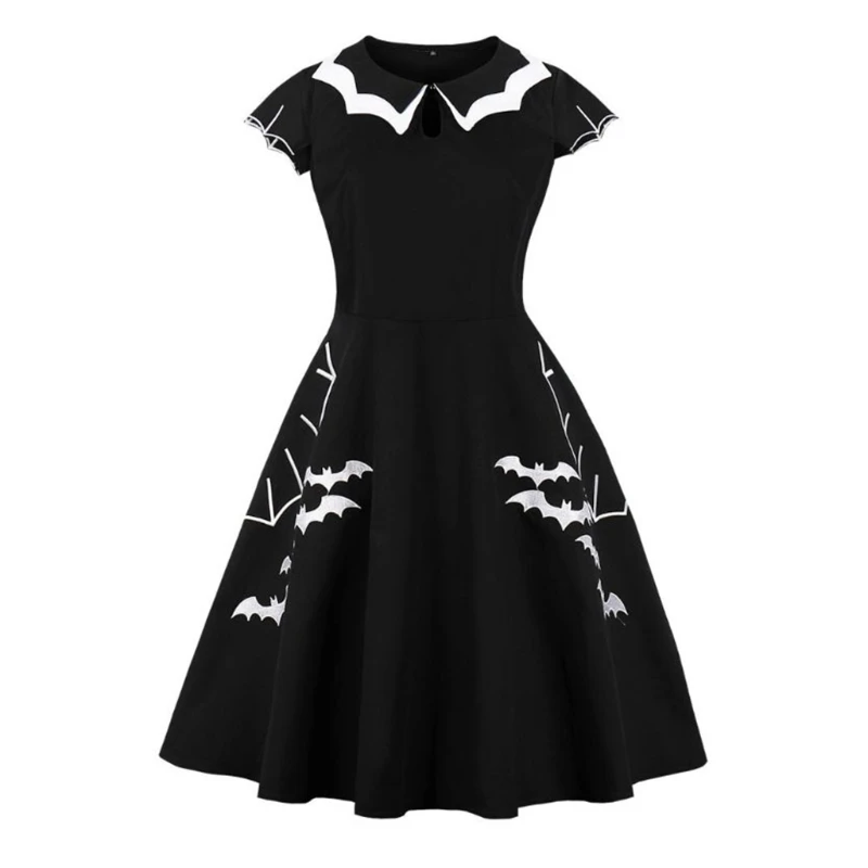 

Women Halloween Short Sleeve Keyhole Swing Midi Dress Bat Spider Web Embroidery Vintage Gothic Cosplay Party Clubwear