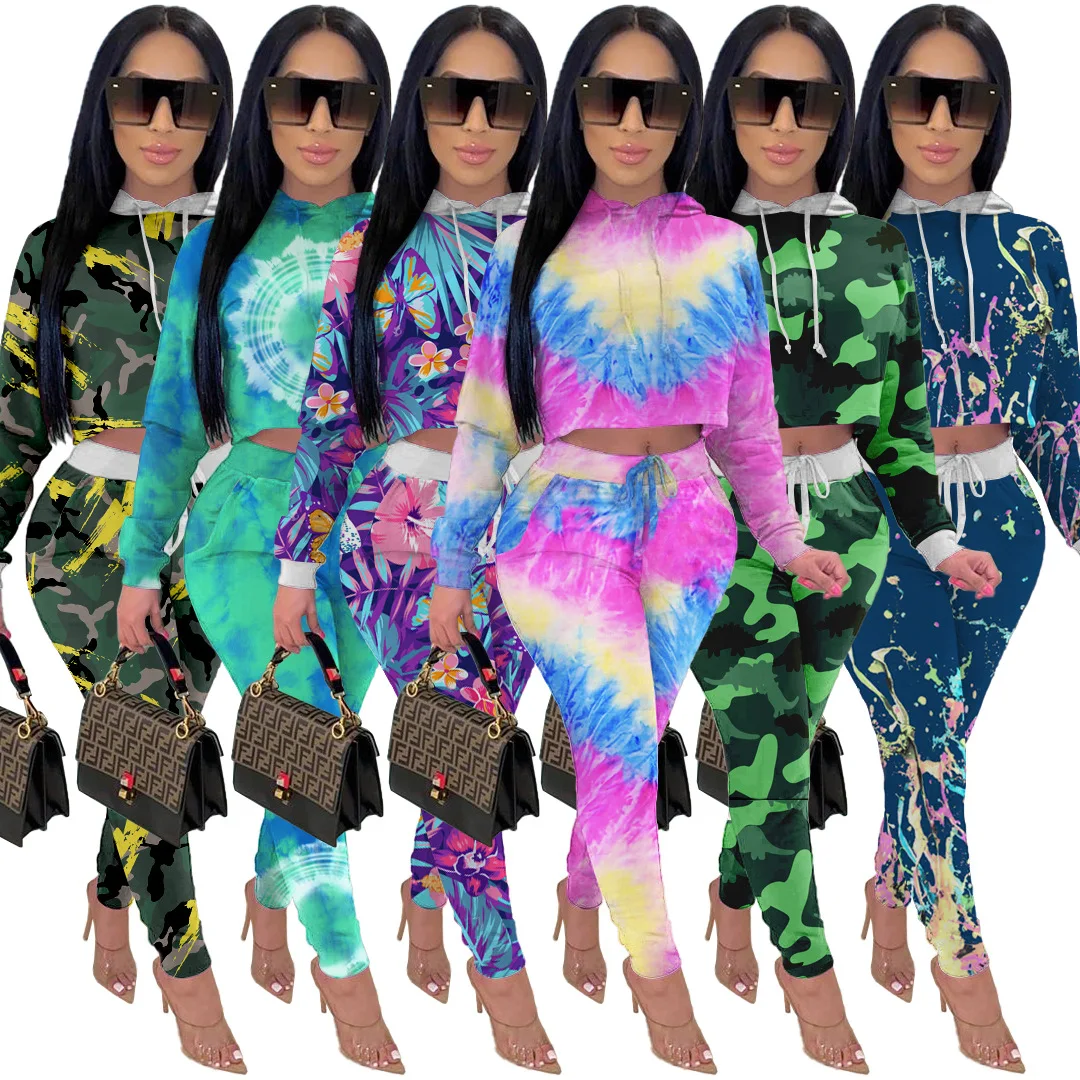 

Tie-Dye Print Long Sleeve Hooded Top and Drawstring Trousers Women Suit 2020 Autumn New Style Fashion Casual Two Piece Set