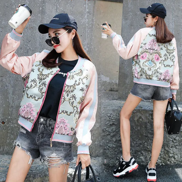 Новинка весна осень Женская куртка пальто Модная Цветочная вышивка молния