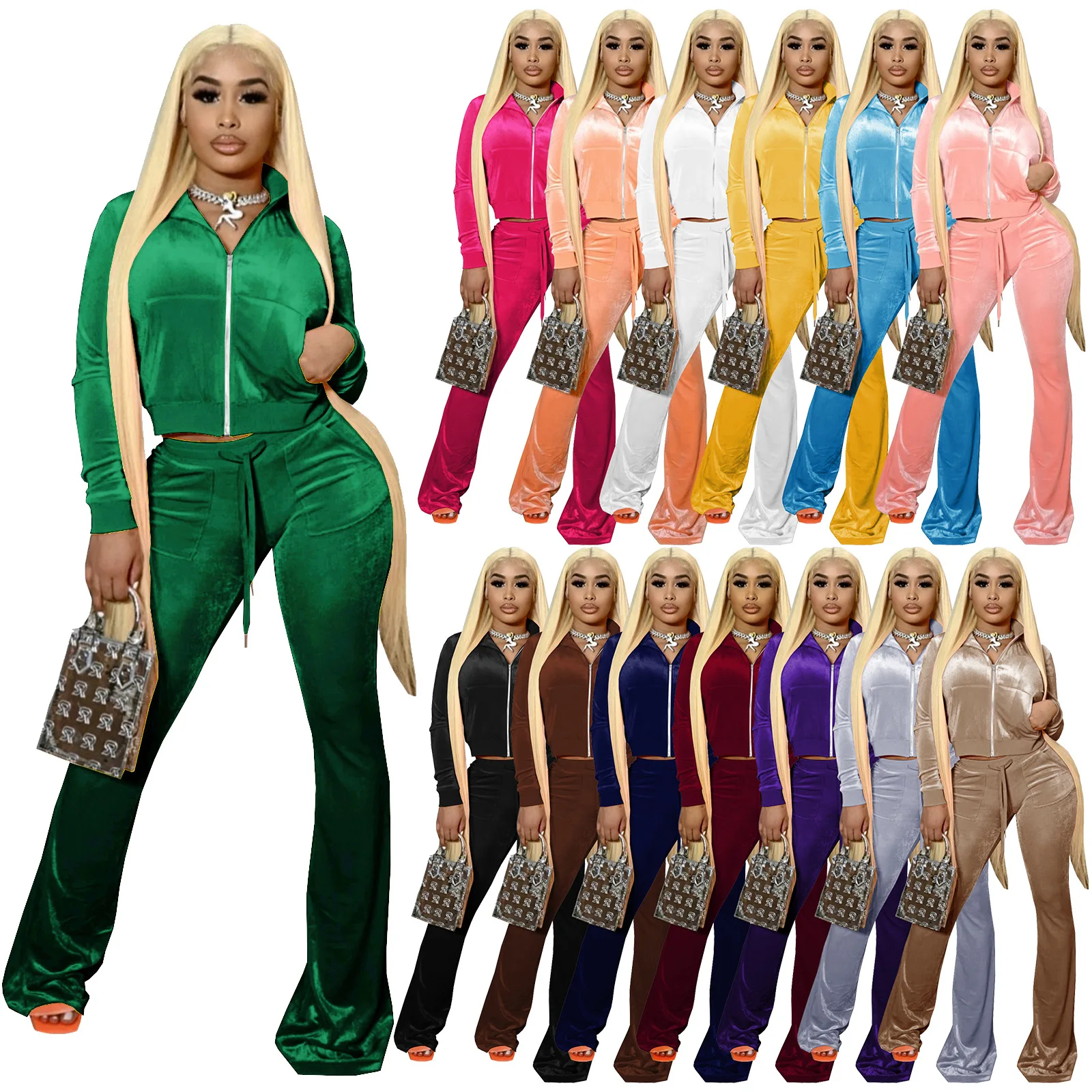 

2HR8191 Autumn Winter Women Casual Fashion Solid Navel Zipper Sports Two Piece Set Top and Pants Tracksuit Sweatsuit Outfits Hot