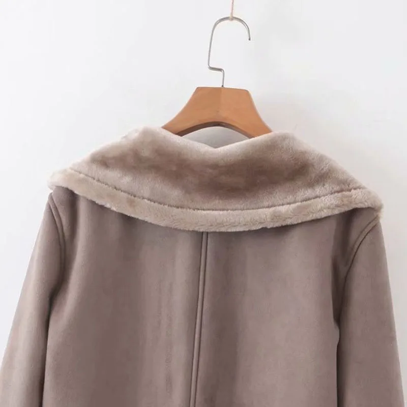 

Buckskin Lapel Long Sleeve Zipper PU Women's Jacket 2019 Winter Solid Color Lapel Warm Locomotive Female Coat Pocket Harajuku