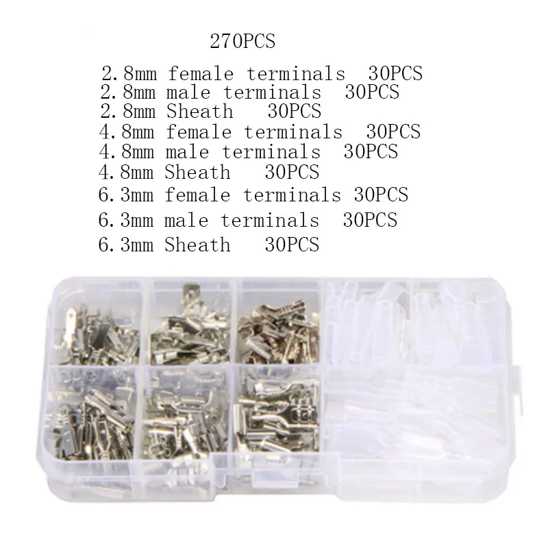 

270PCS sheathed insulated male bus connector wire crimping terminal spade connector matching kit 2.8/4.8/6.3mm