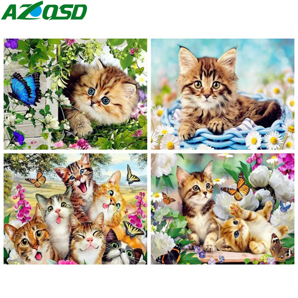 Картина AZQSD по номерам с рисунком кота и цветочным принтом акриловая картина