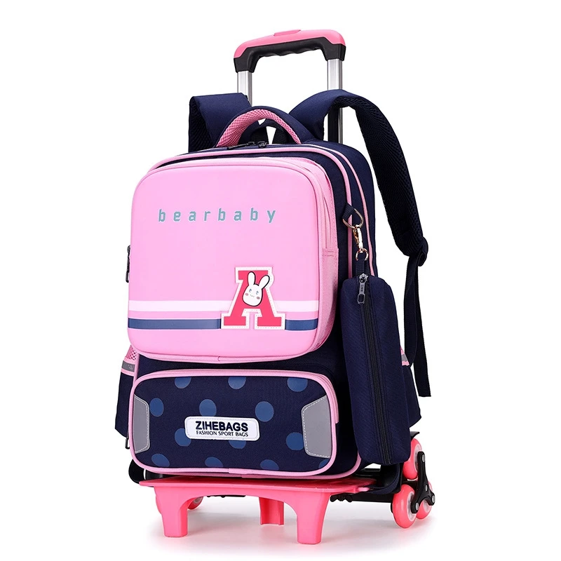 Рюкзак для девочек, школьный рюкзак со съемной тележкой, дышащий, с принтом в светоотражающую полоску