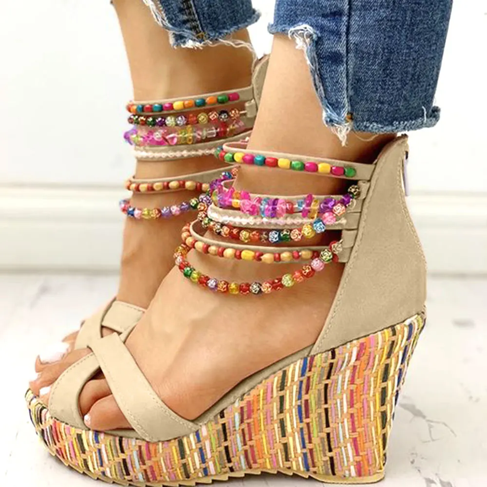 

2021 For Dropship High Heels Leisure Platform Bohemia String Bead Chains Summer Sandals Women's Wedges Shoes Female Big Size 43