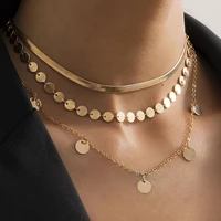 3pcsset retro copper flat snake chain necklace lady fashion glamour metal round sequin tassel pendant necklaces girl jewelry