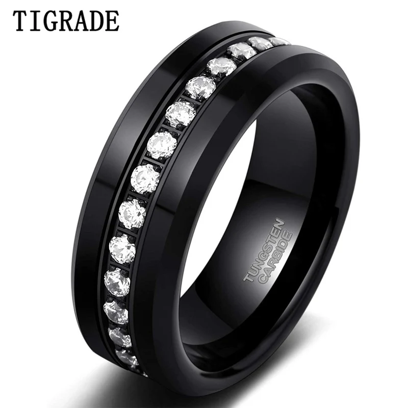 Мужские кольца Tigrade 8 мм с черным вольфрамовым кубическим цирконием обручальное